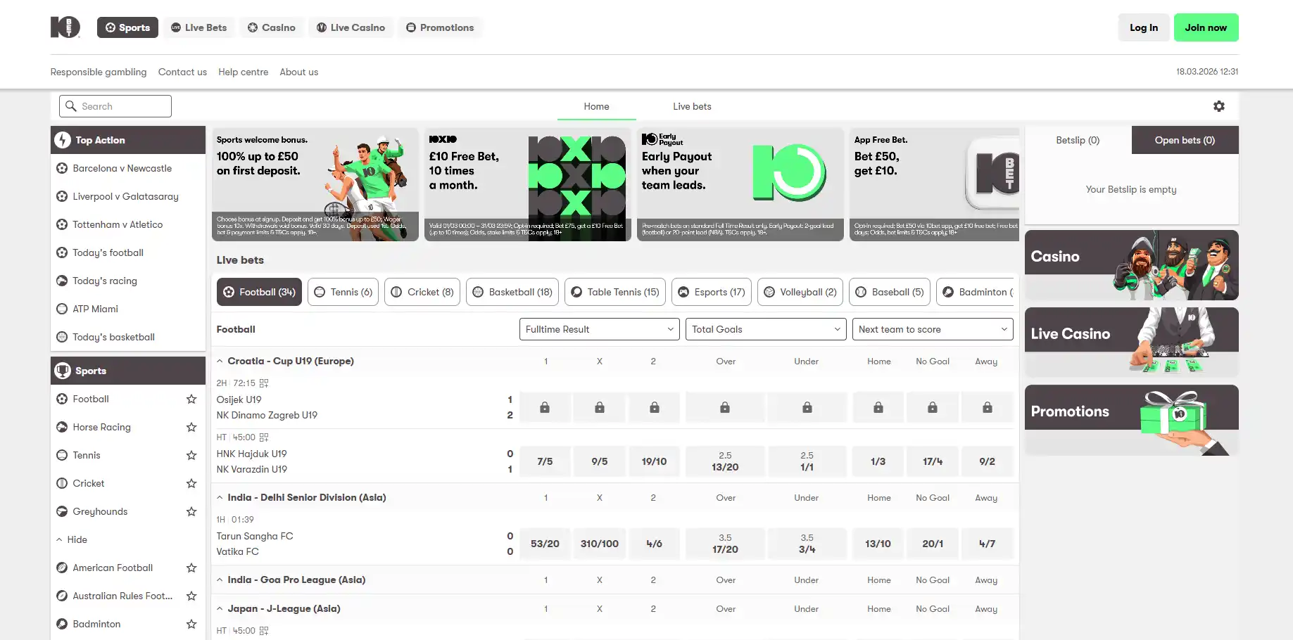 Homepage and sportsbook image of 10bet