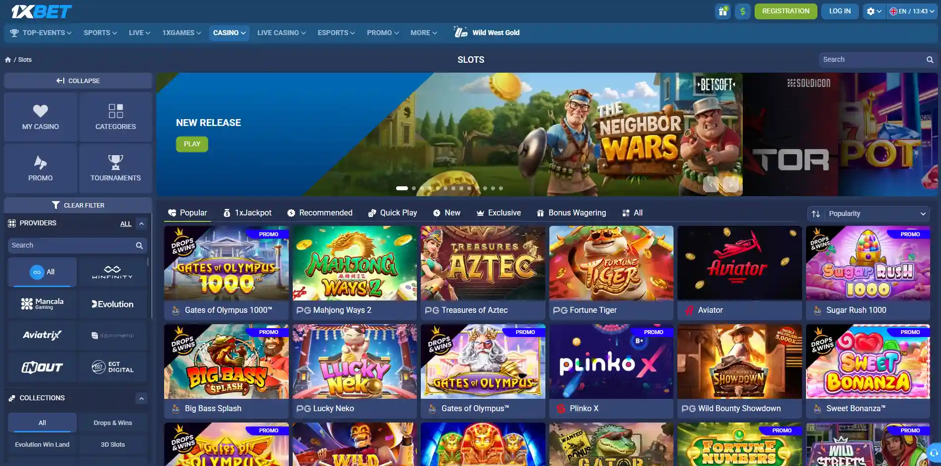 Casino homepage of 1xBet