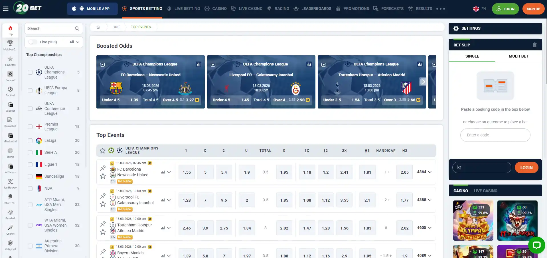 Sportsbook image of 20bet
