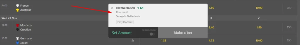 Visual representation of adding the selection in the betslip