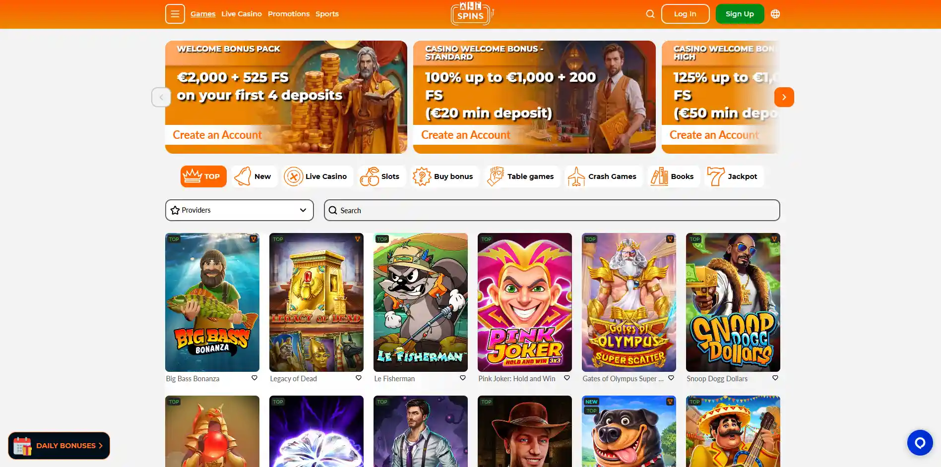 The casino homepage of Allspins