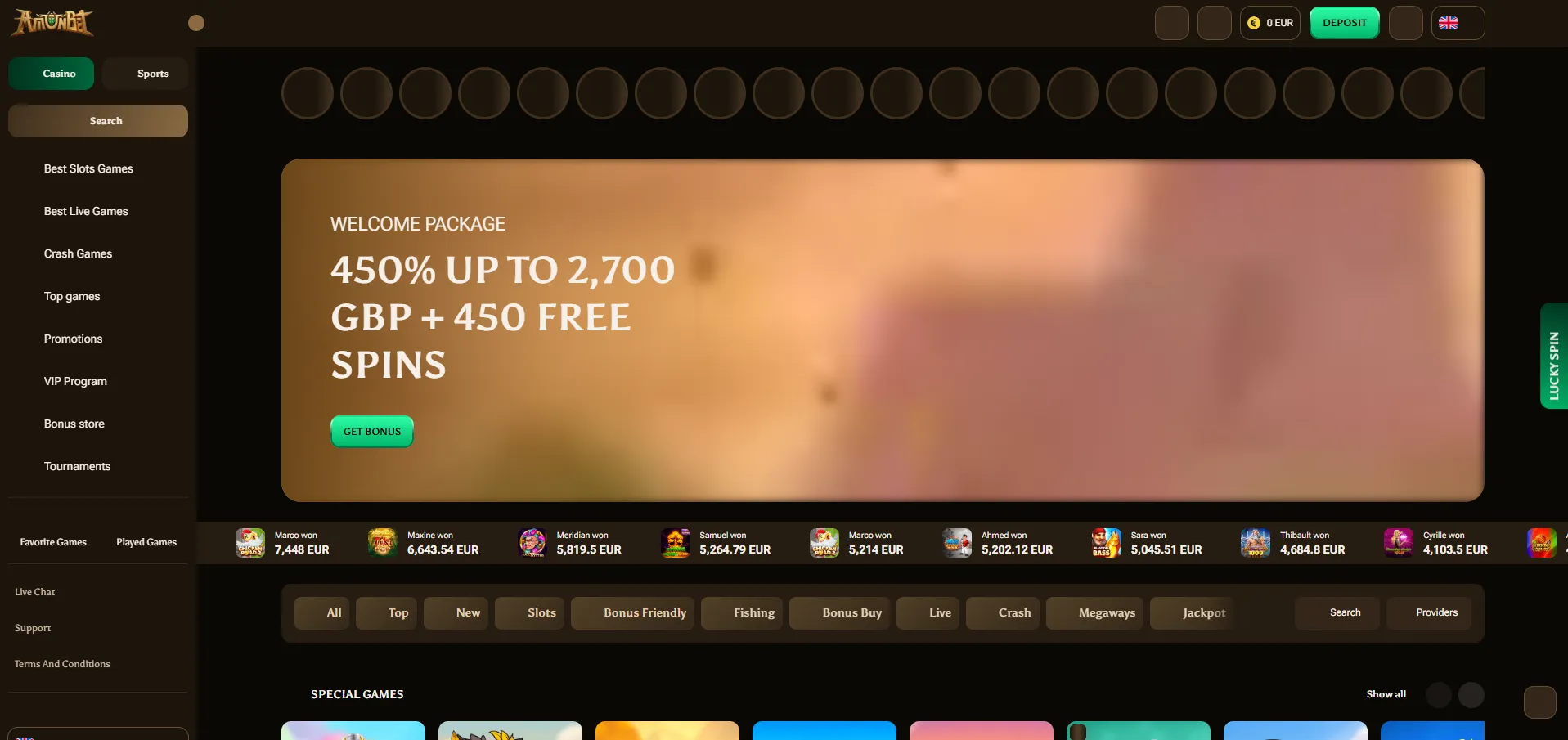 Casino homepage of Amunbet