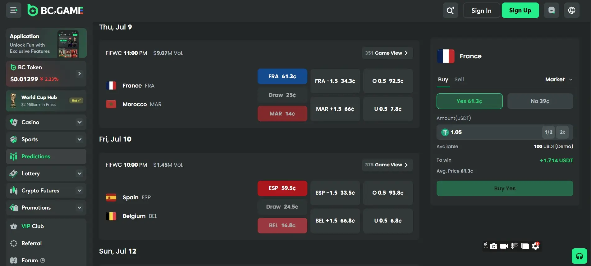 Home page of BC Game prediction markets site