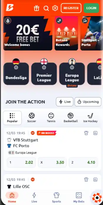 Mobile homepage and sportsbook image of Betano