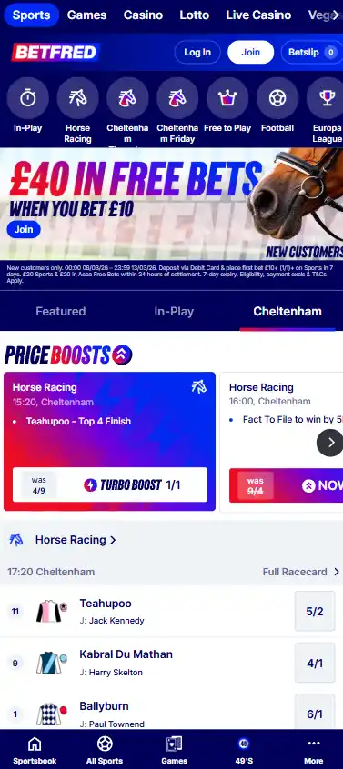 Mobile homepage and sportsbook image of Betfred