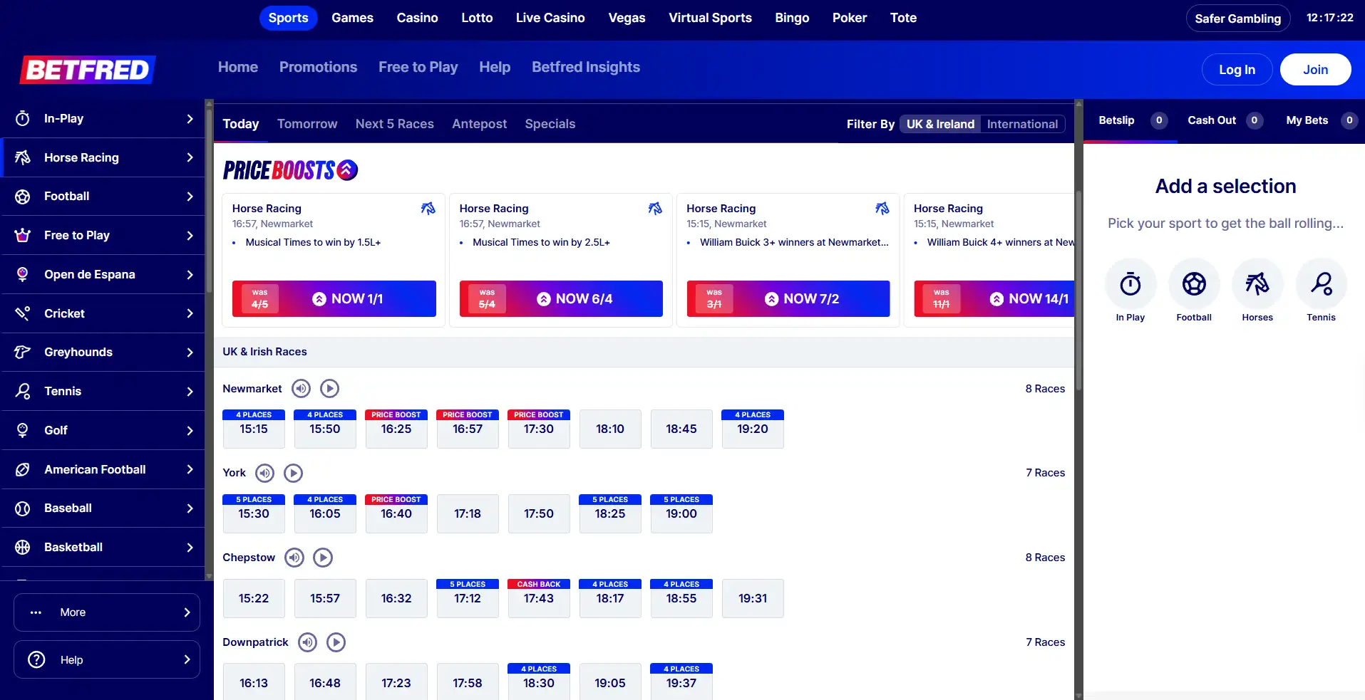 Horse racing section of Betfred