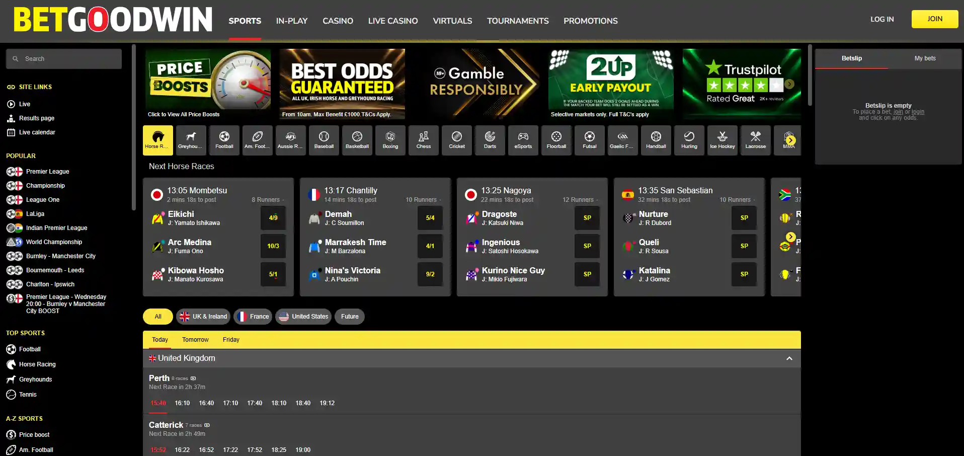 Homepage and sportsbook image of BetGoodwin