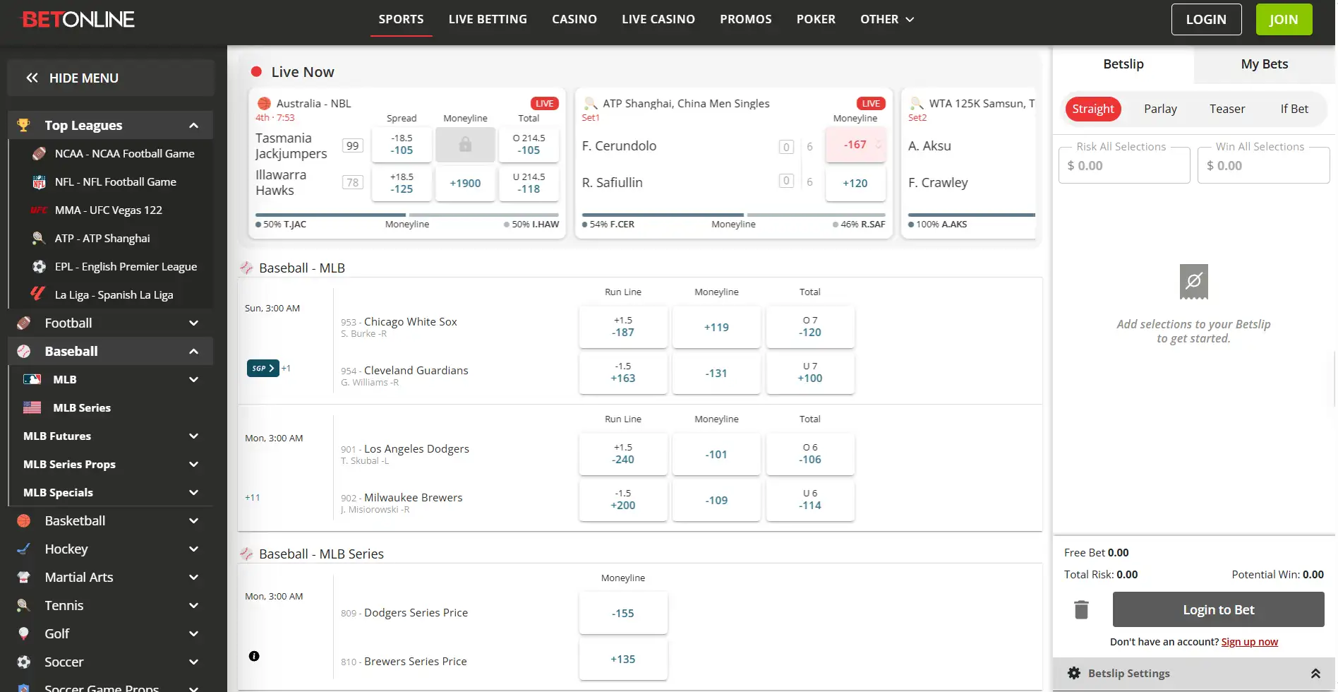 Baseball section of Betonline