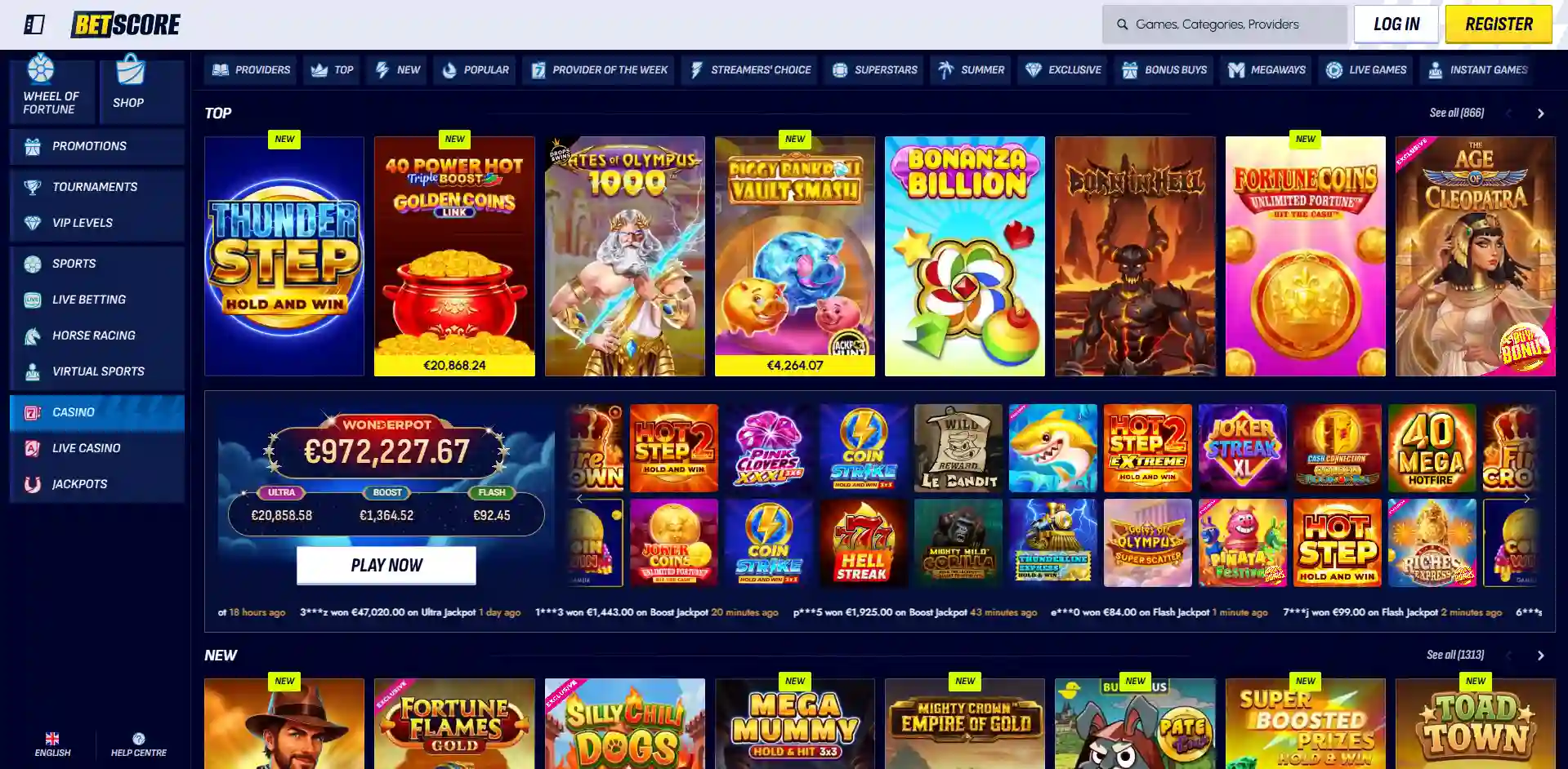 Casino homepage of BetScore
