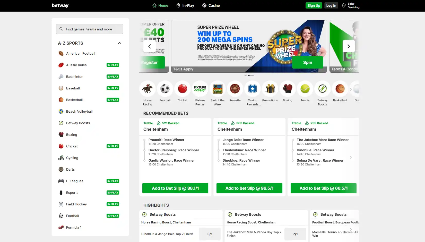 Homepage and sportsbook image of Betway