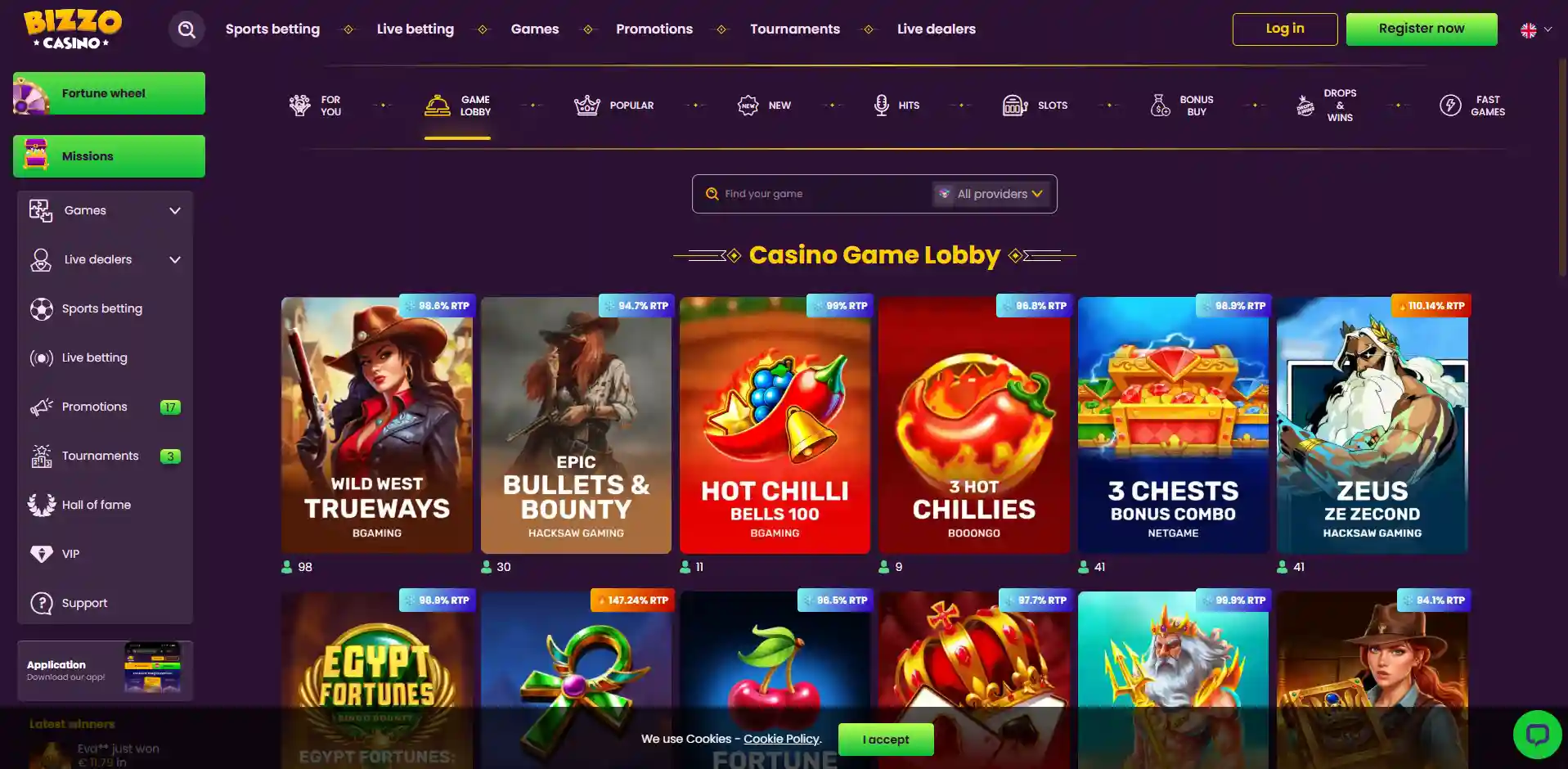 Image of the Bizzo Casino section