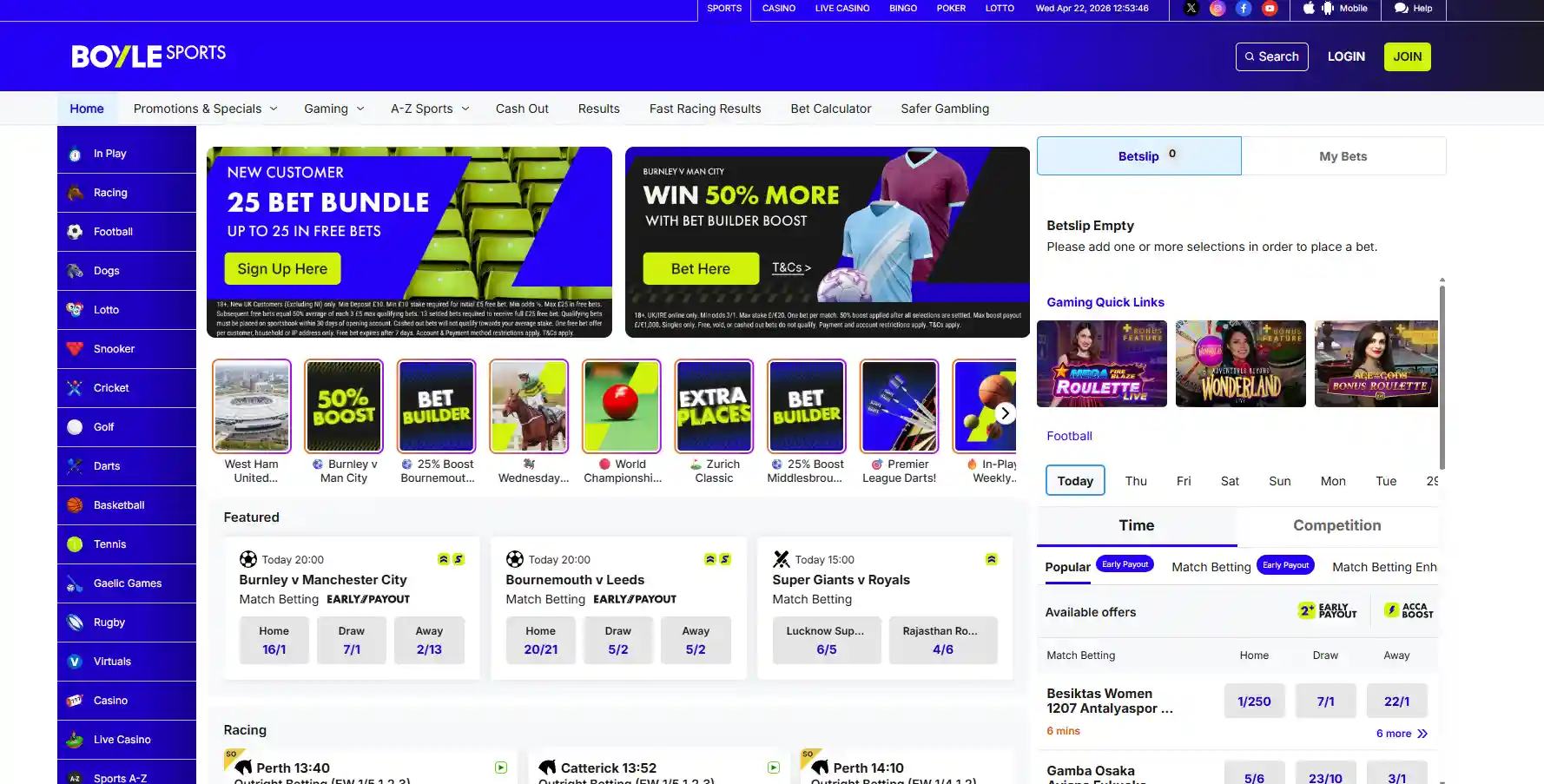 Homepage and sportsbook image of Boyle Sports