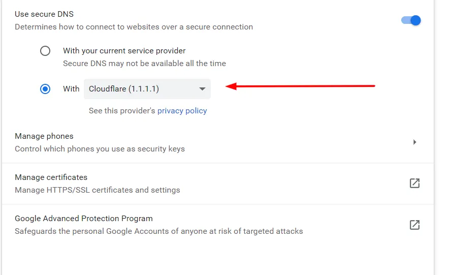 Visual representation of Chrome DNS settings