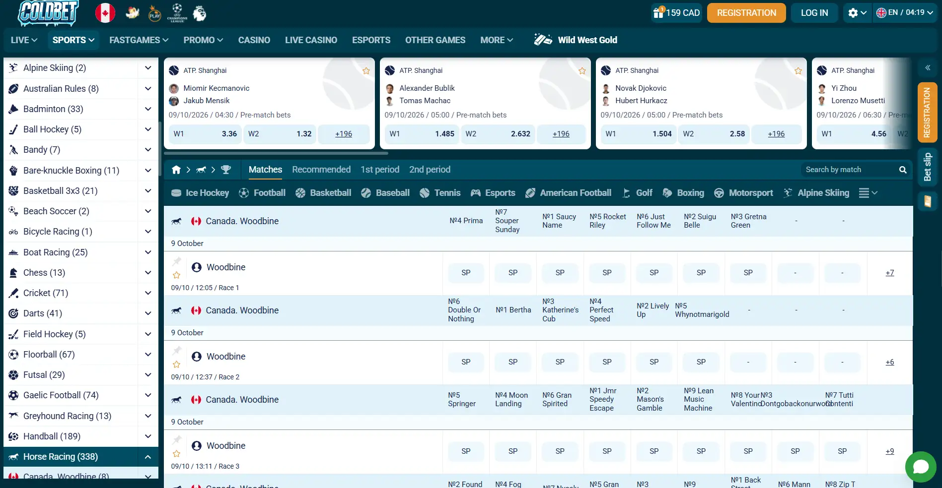 Horse racing section of Coldbet