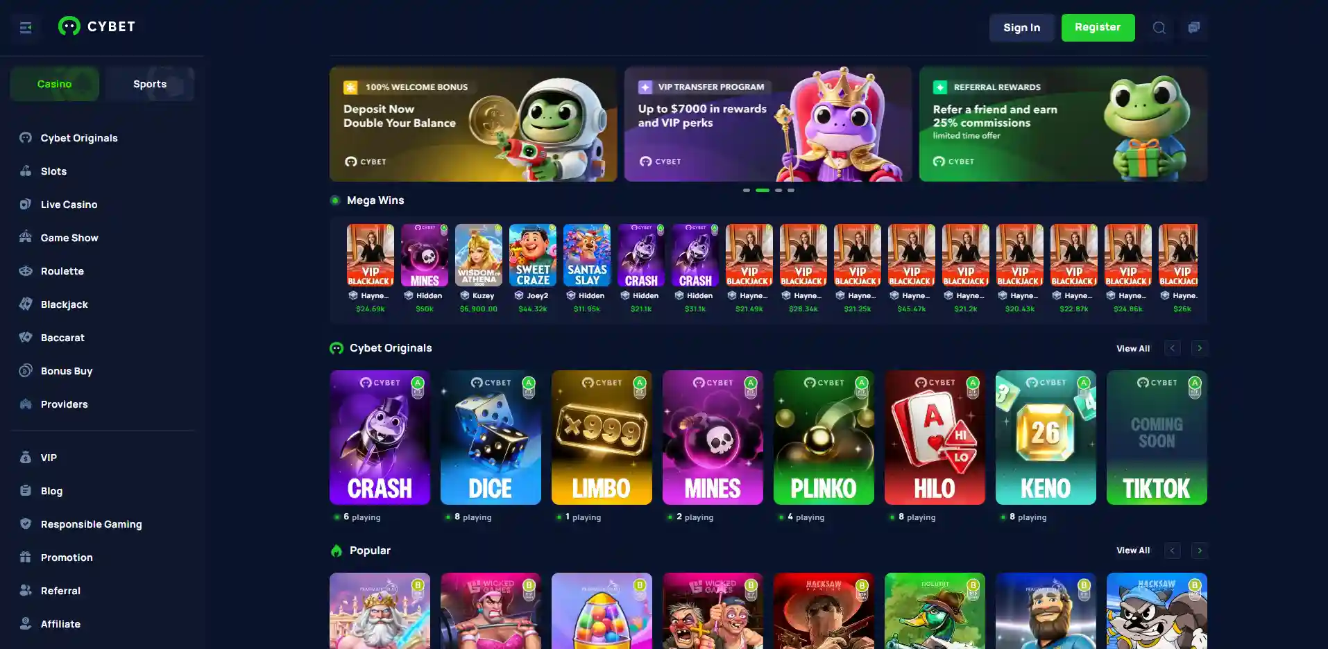 Image of the Cybet Casino section