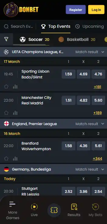 Mobile sportsbook image of Donbet