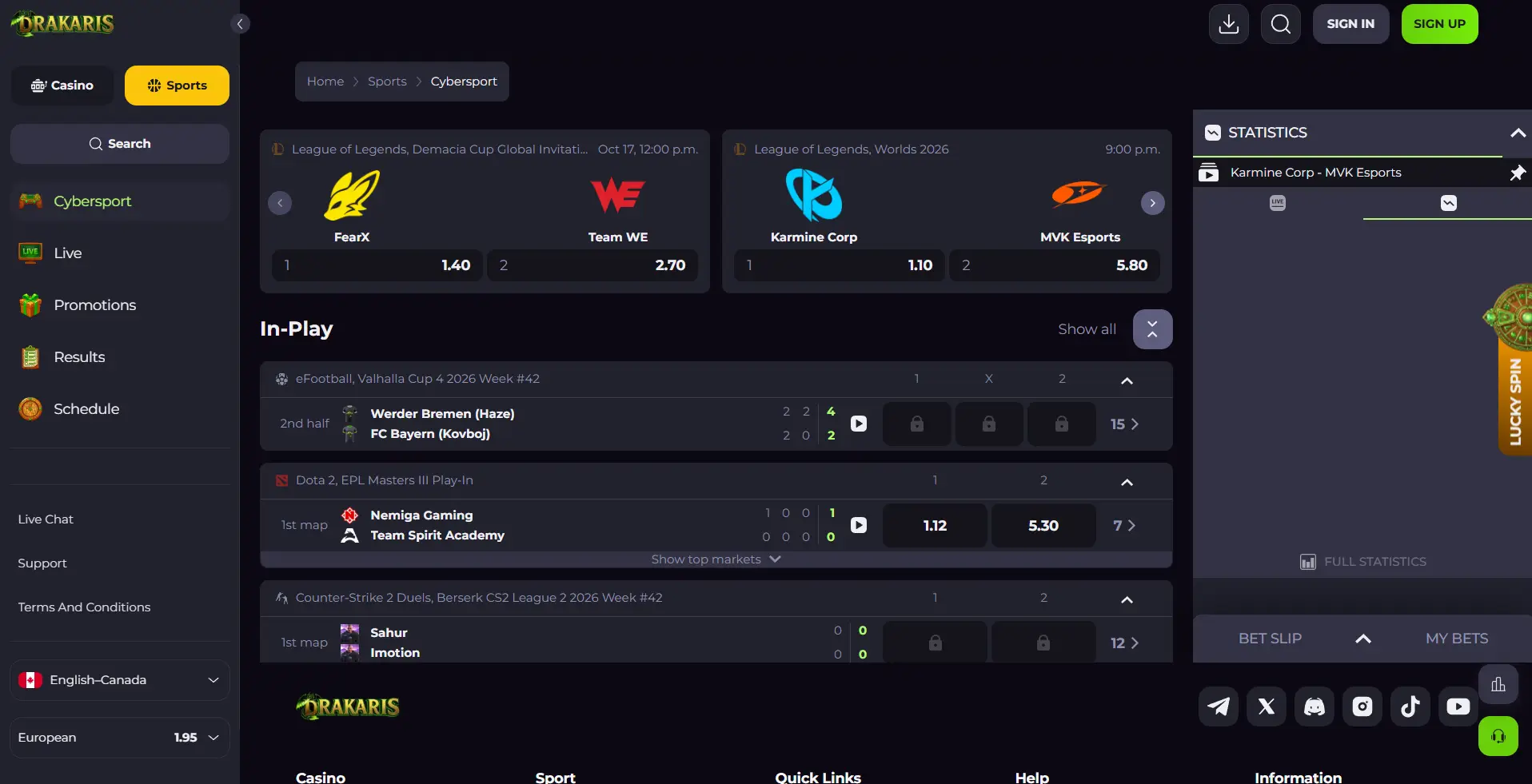 E-sports section of Drakaris