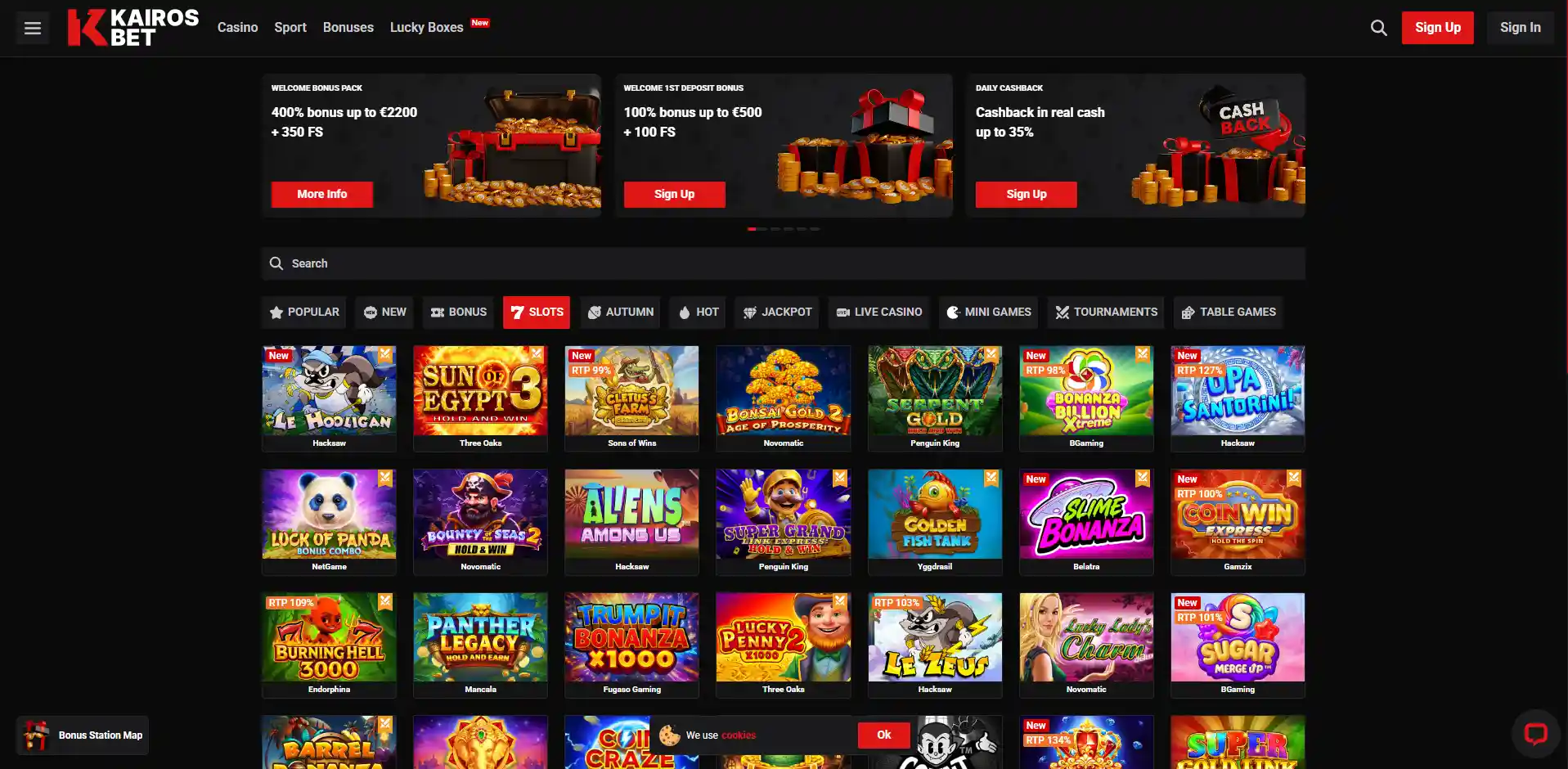 The casino homepage of Kairosbet