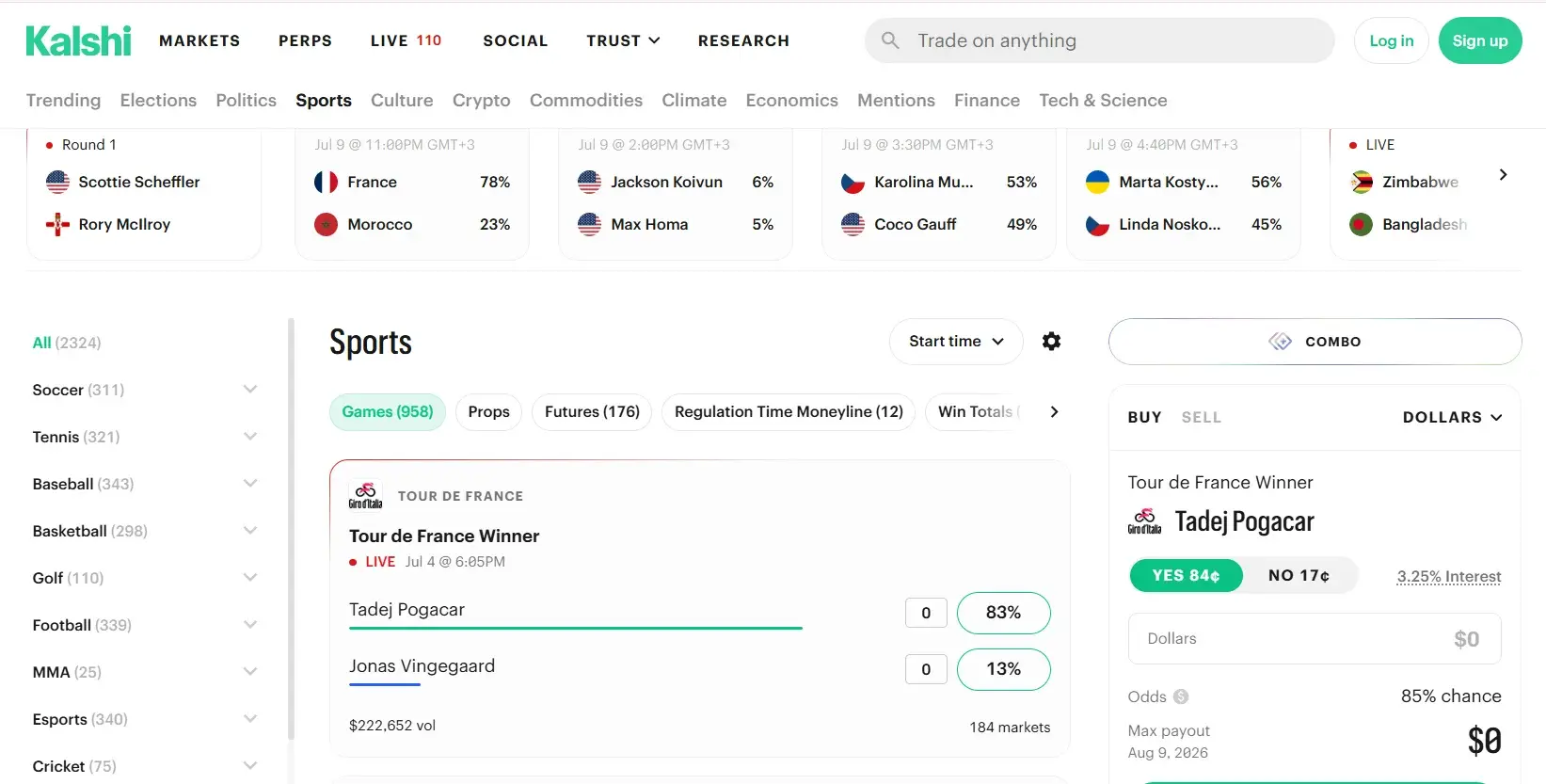 Home page of Kalshi Prediction Markets