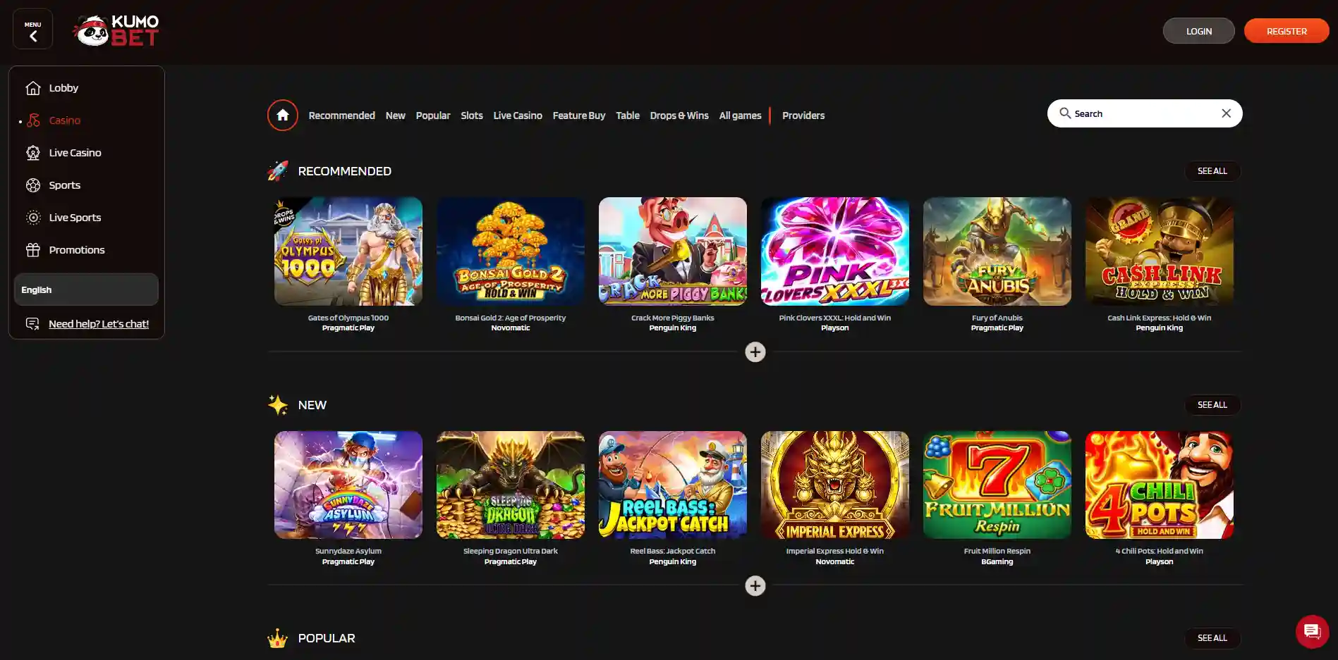 Image of the Kumobet Casino section