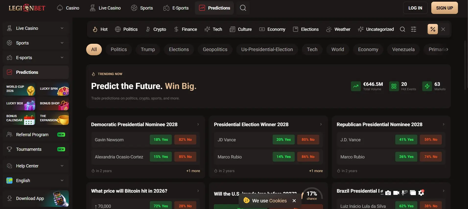 Home page of Legionbet prediction markets site