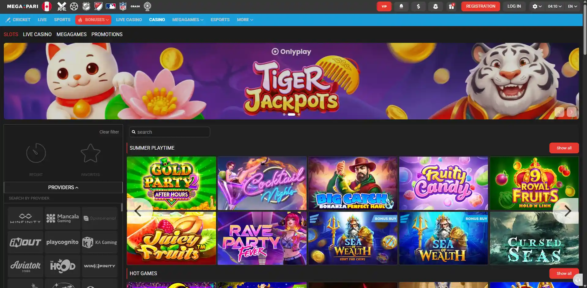 Home page of Megapari Casino