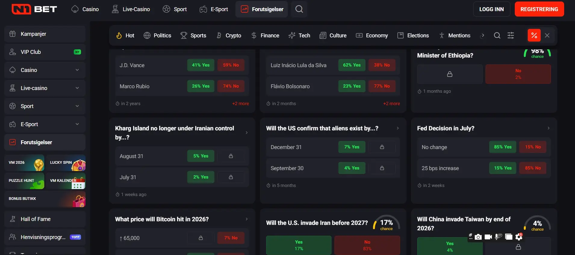 Home page of N1bet prediction markets site