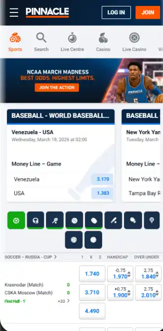 Mobile homepage and sportsbook image of Pinnacle