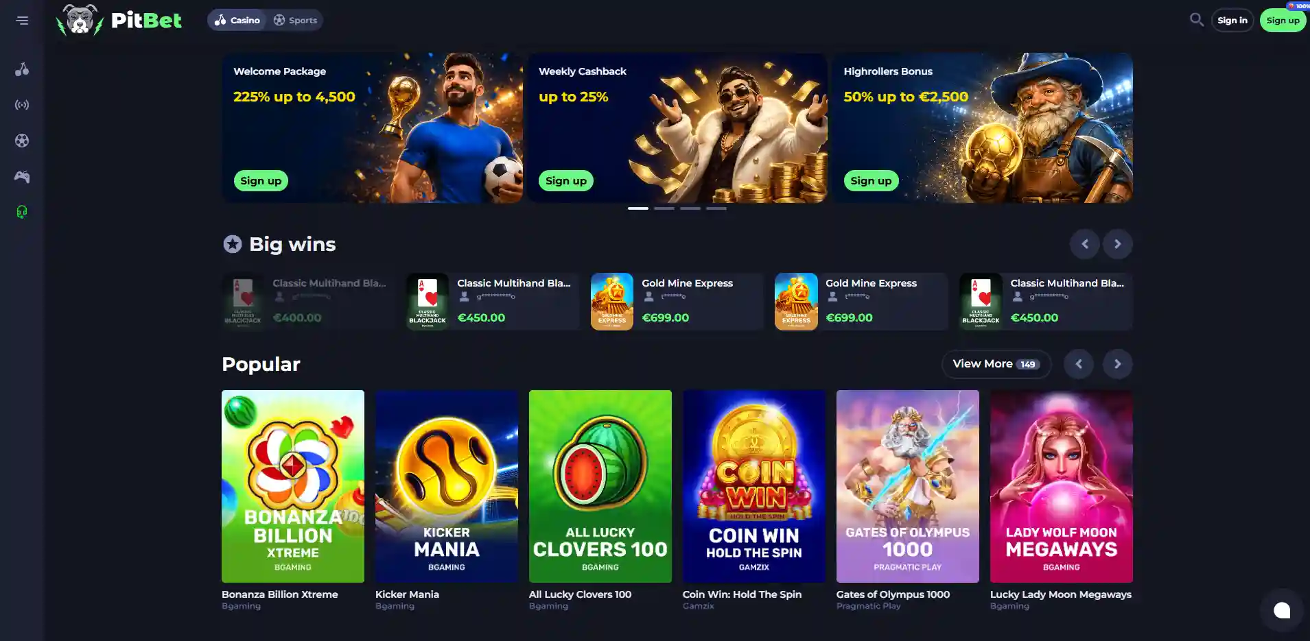 Image of the Pitbet Casino section