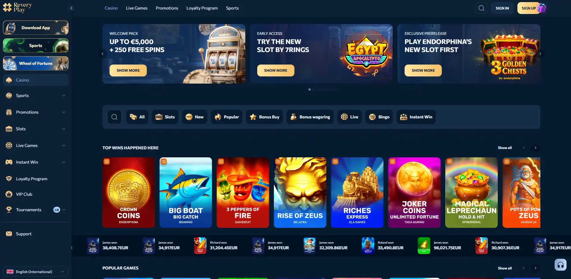 Casino homepage of Reveryplay