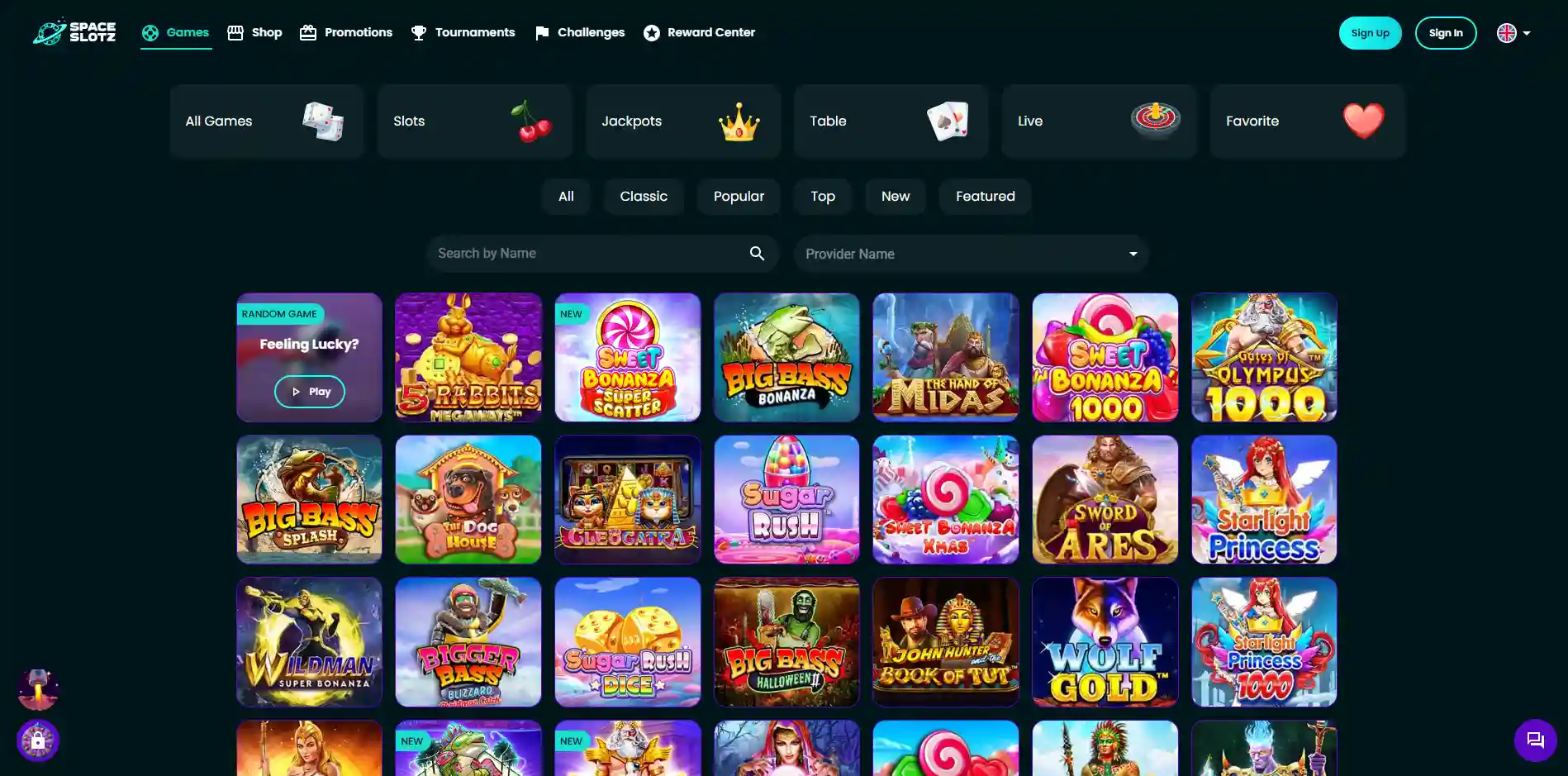 Image of the Space Slotz Casino section