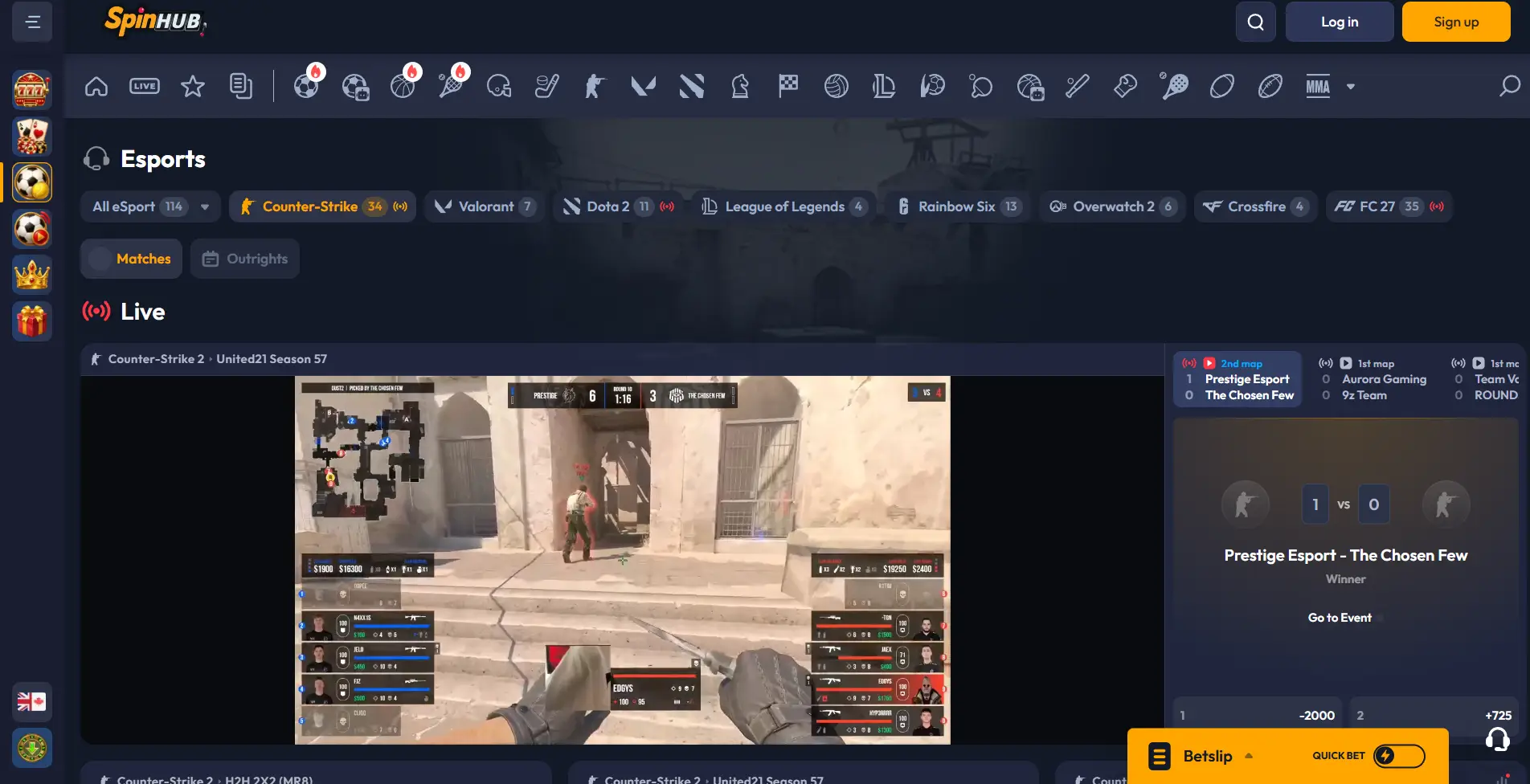 E-sports section of Spinhub