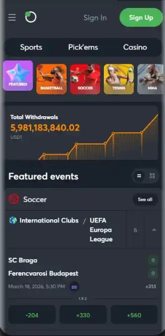 Mobile homepage and sportsbook image of Sportsbet.io