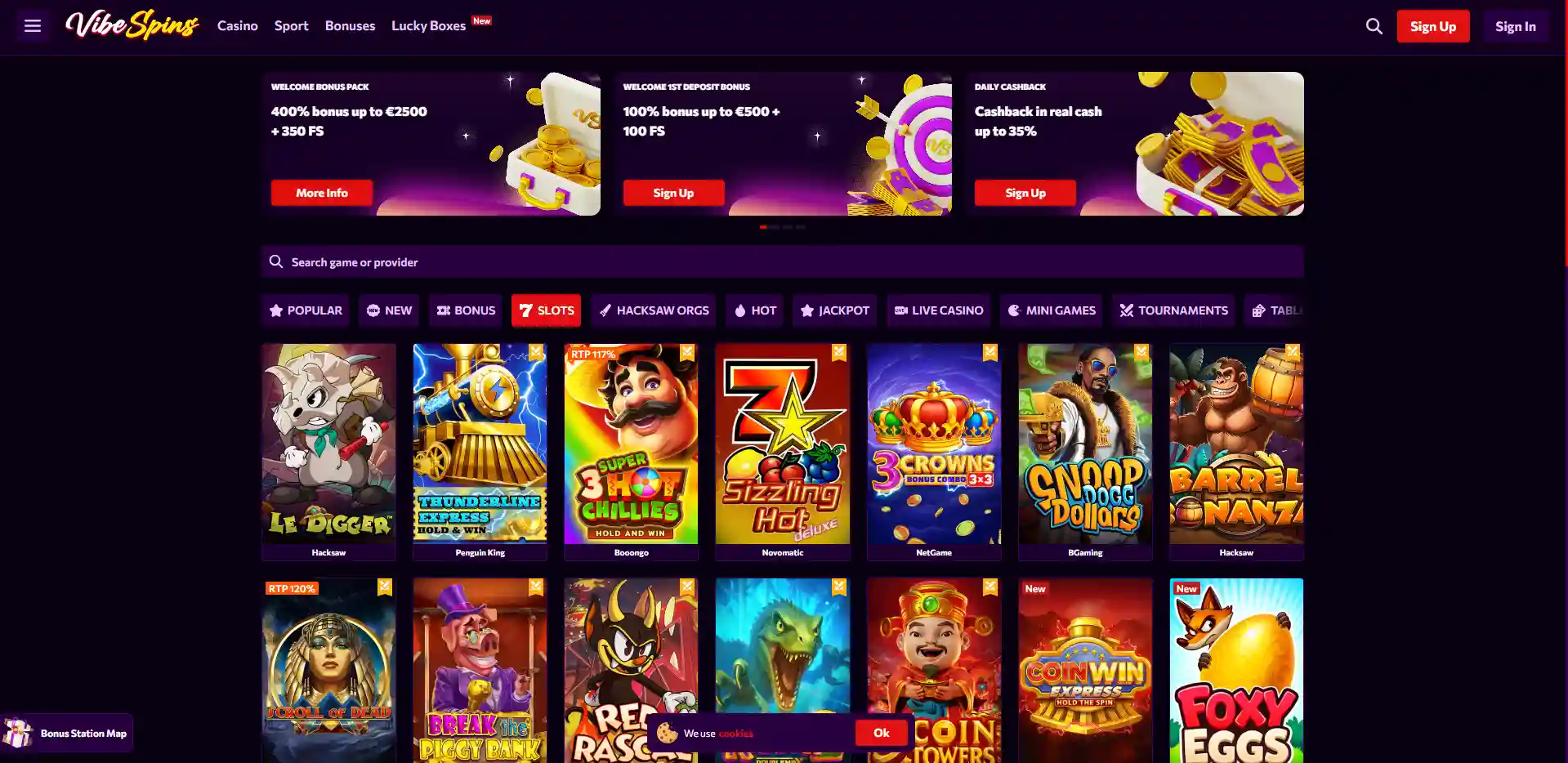 Image of the Vibespins Casino section